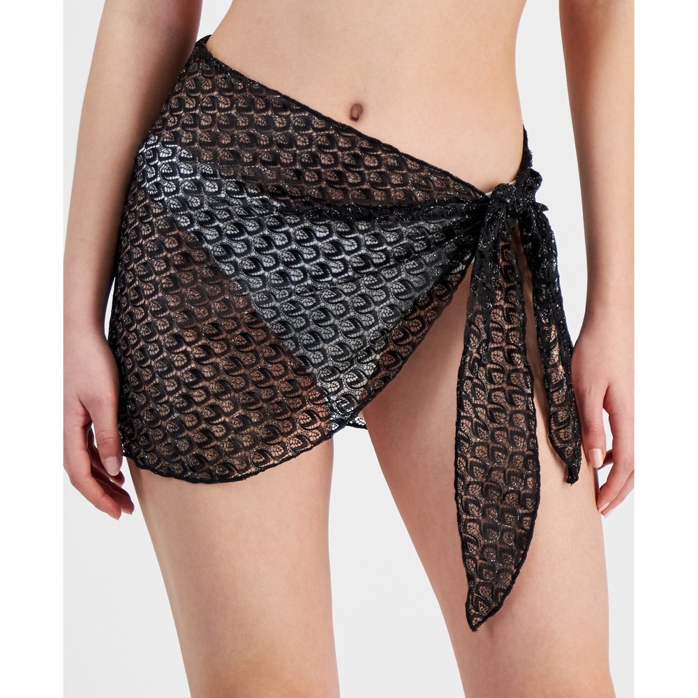 NWT Miken Swim Sarong Cover Up Women Black Gold Metallic Lace Tie Front XL